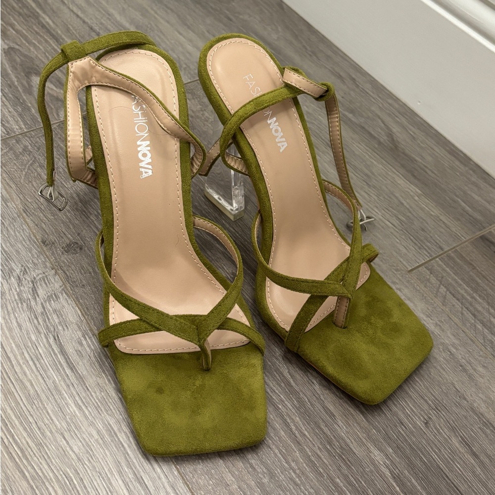 Fashion Nova Olive Green Strappy Heels | Square Toe Clear Heel Sandals - Picture 5 of 8